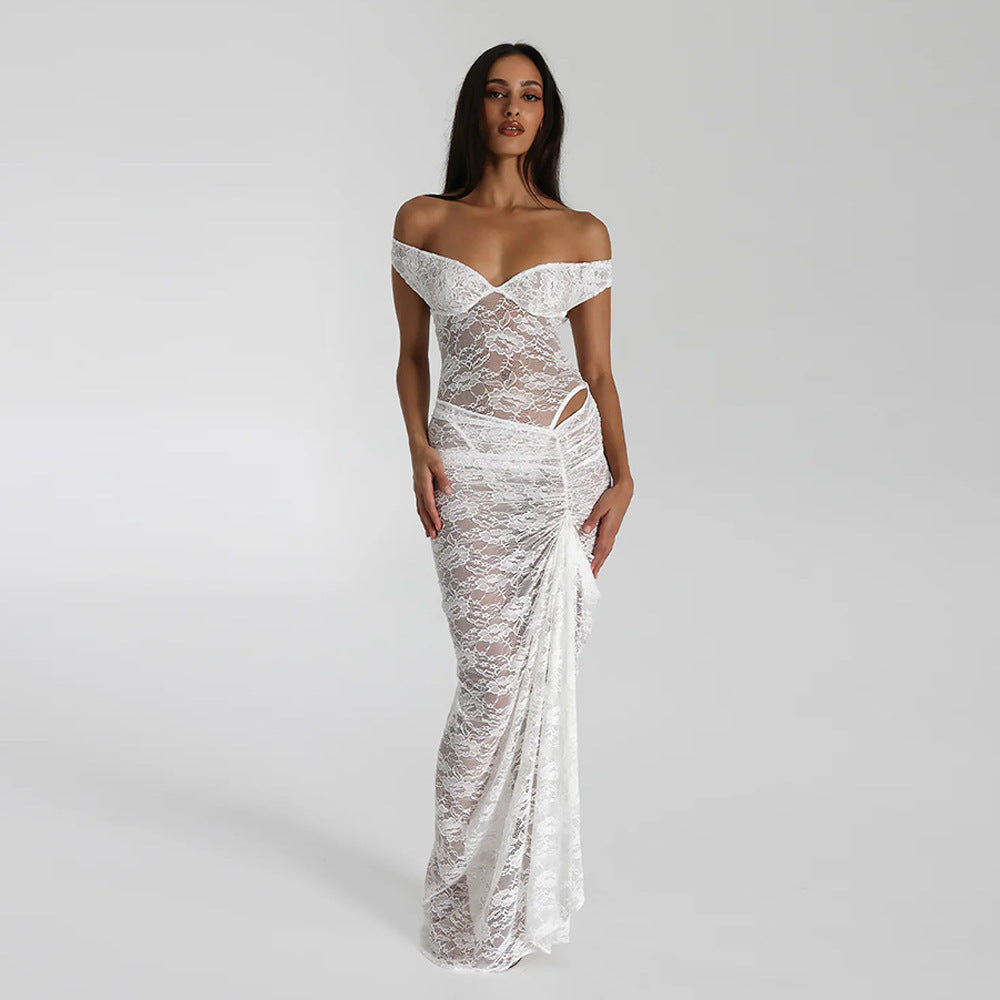 Damen Elegantes Spitze Maxikleid mit Off-Shoulder-Design und figurbetontem Schnitt R&B