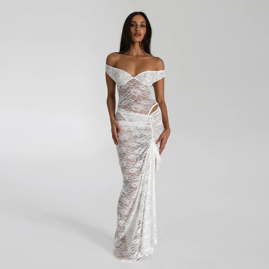 Damen Elegantes Spitze Maxikleid mit Off-Shoulder-Design und figurbetontem Schnitt R&B