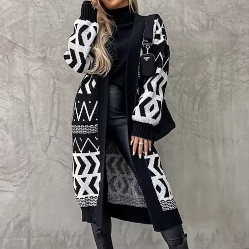 Damen Langer Strickcardigan mit geometrischem Muster und lässigem Schnitt R&B