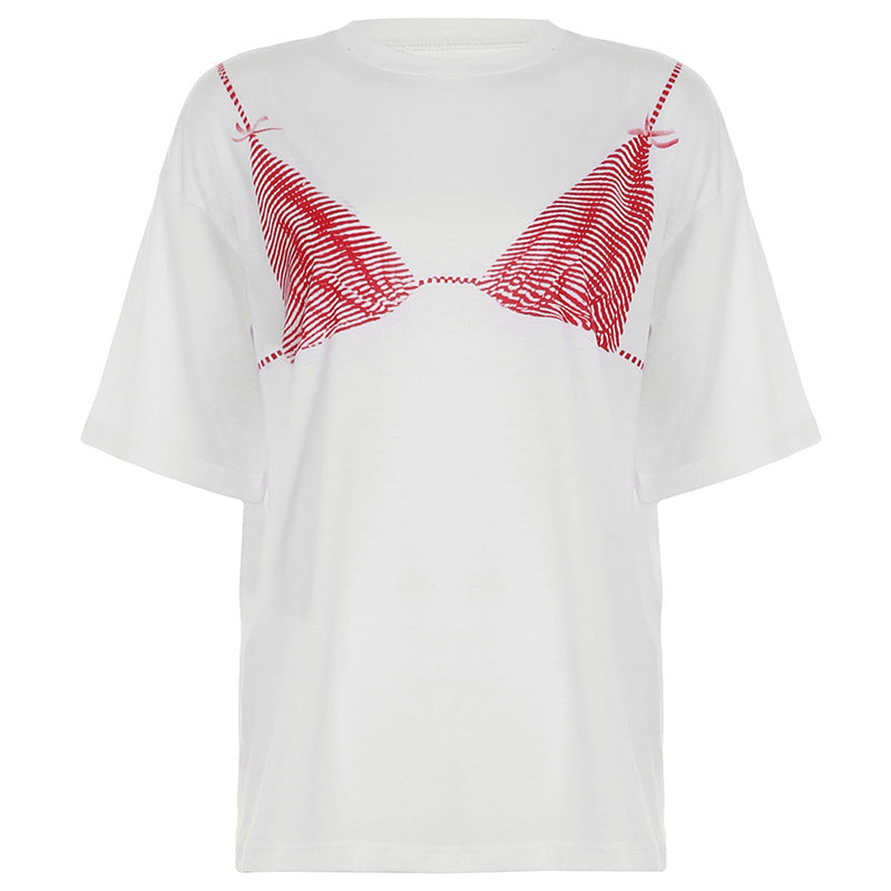 Damen lockeres T-Shirt mit grafischem Bikini-Print R&B