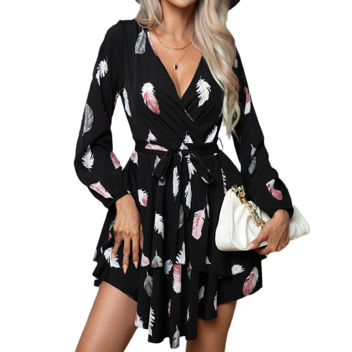 Damen Wickelkleid mit voluminösen Ärmeln und floralem Print R&B