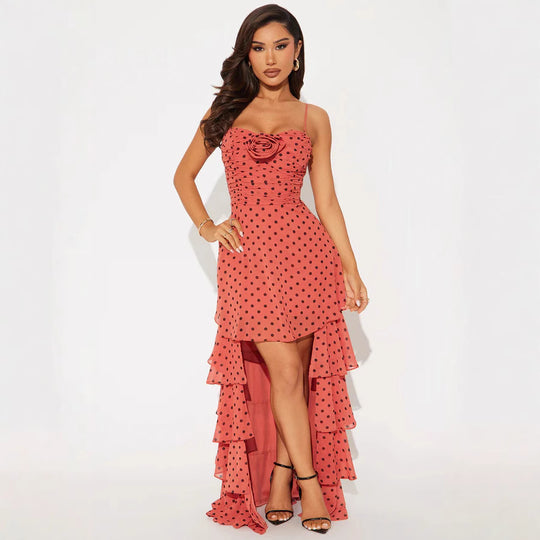 Damen Verspieltes Polka-Dots Maxikleid mit asymmetrischem Rock und floralen Akzenten R&B