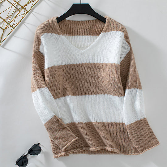 Damen lässiger V-Ausschnitt Strickpullover mit großzügigem Streifenmuster R&B