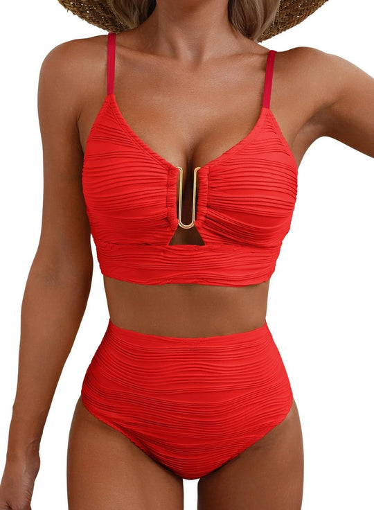 Damen Hochgeschnittener Bikini mit modischem Plissee-Design R&B