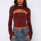 Damen Spitzenoberteil mit innovativem Cut-Out und langen Ärmeln R&B