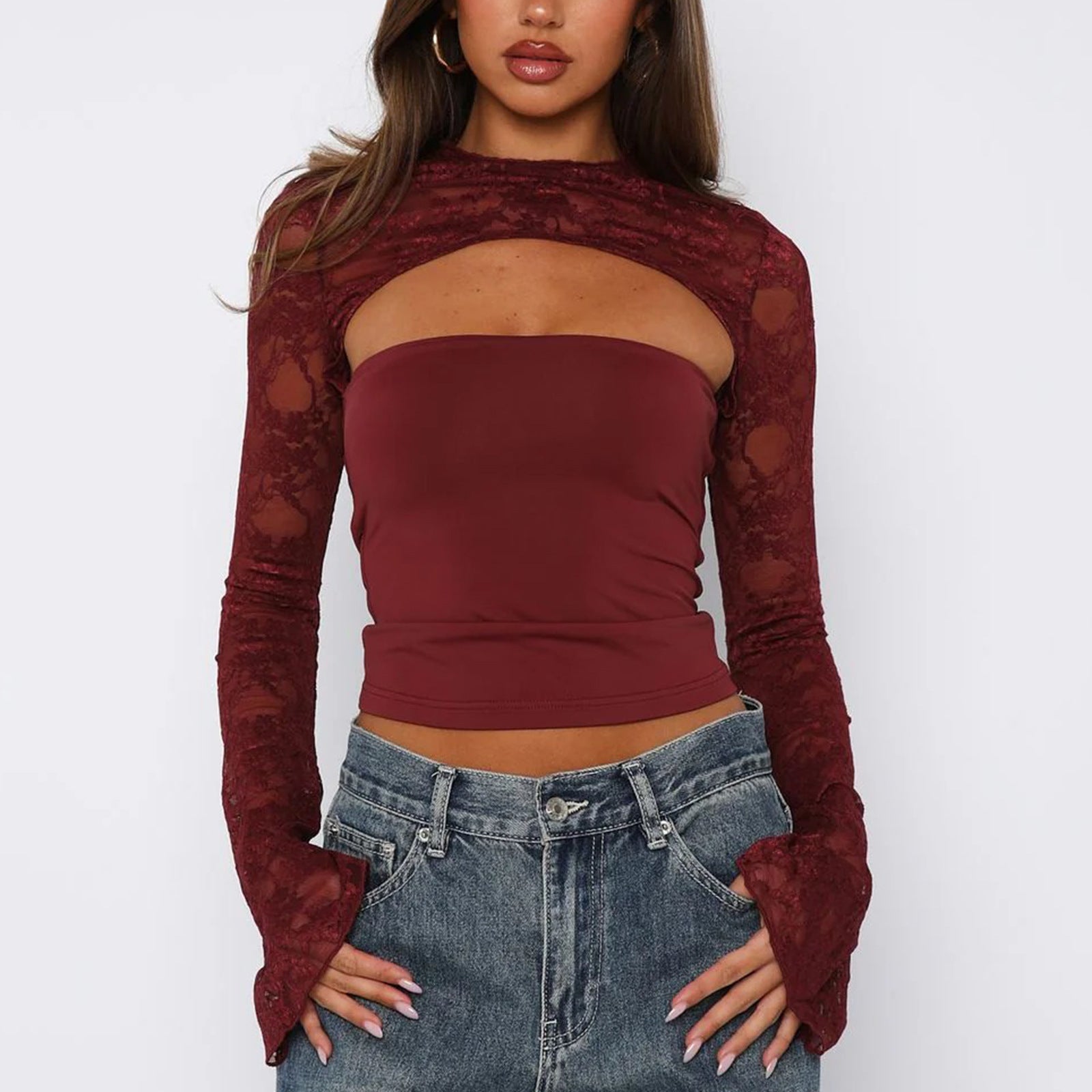 Damen Spitzenoberteil mit innovativem Cut-Out und langen Ärmeln R&B