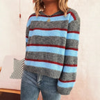 Damen gemusterter Strickpullover mit breiten Streifen und lässigem Schnitt R&B