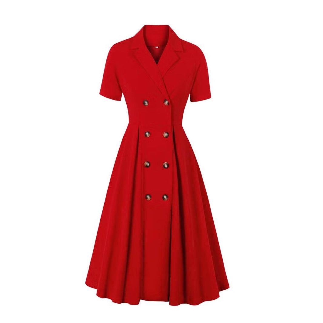 Damen elegantes Midikleid mit doppelter Knopfleiste und schwingendem Rock R&B