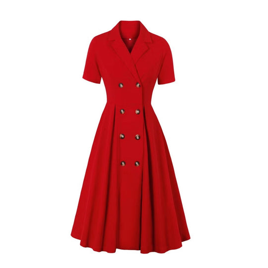 Damen elegantes Midikleid mit doppelter Knopfleiste und schwingendem Rock R&B