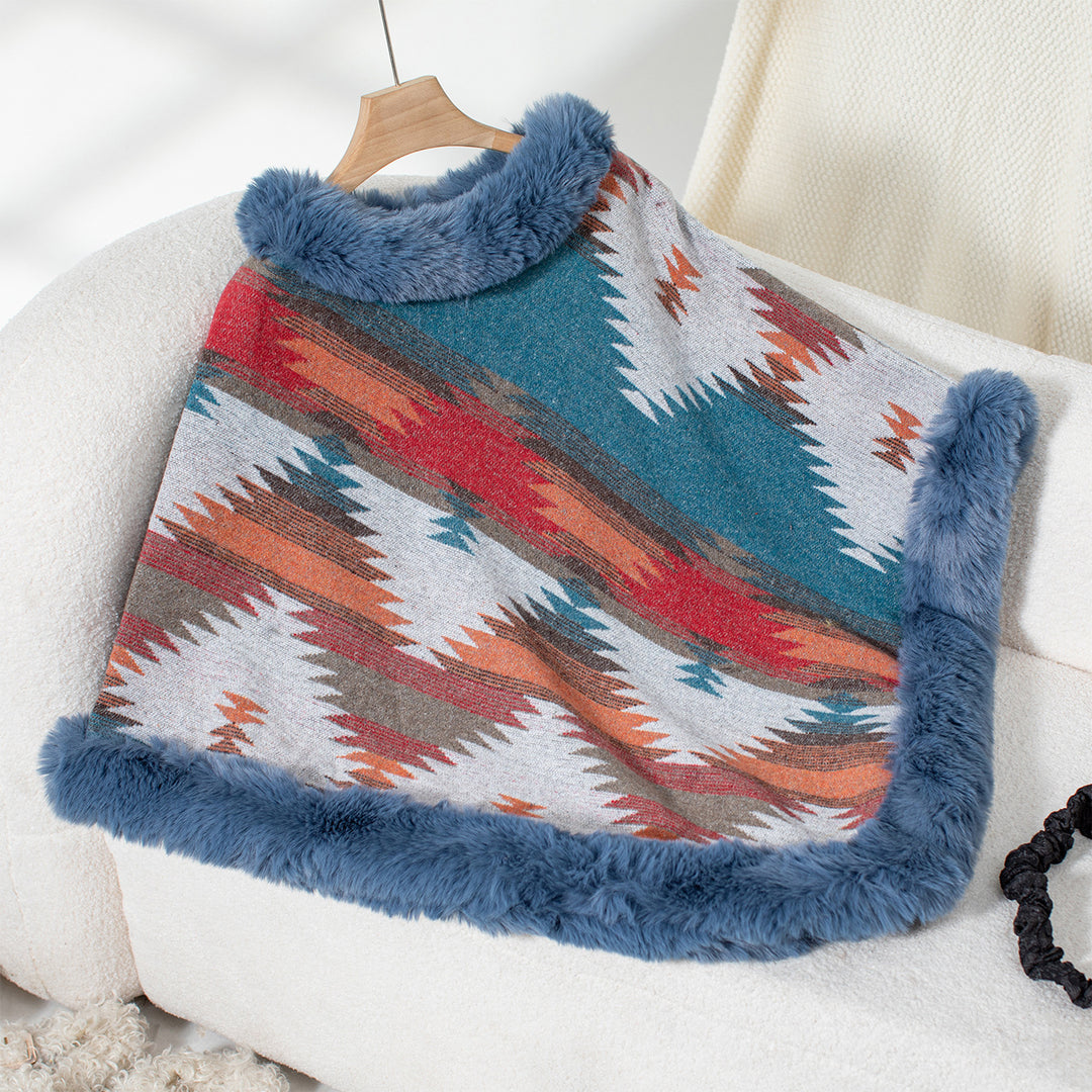 Damen Kuschelpullover mit hochwertigem Kunstfellbesatz und geometrischem Muster R&B