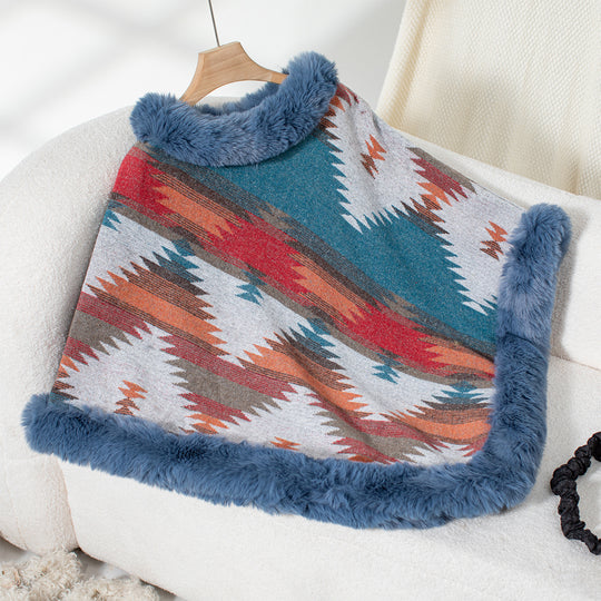 Damen Kuschelpullover mit hochwertigem Kunstfellbesatz und geometrischem Muster R&B