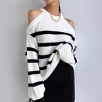 Damen Off-Shoulder Strickpullover mit Streifenmuster und lässigem Schnitt R&B