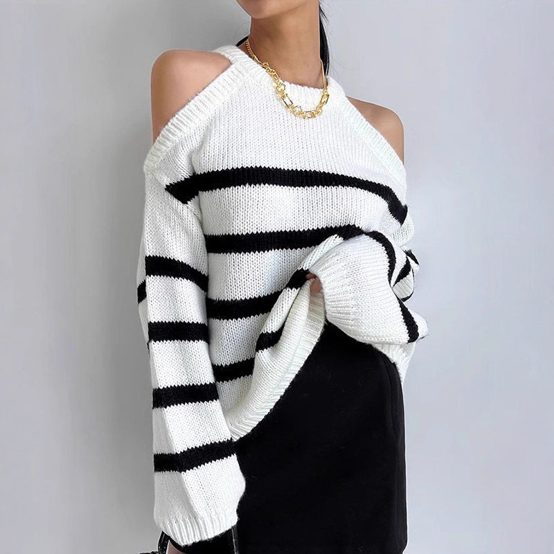 Damen Off-Shoulder Strickpullover mit Streifenmuster und lässigem Schnitt R&B