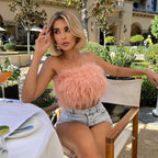 Damen Glamouröses Plüsch-Top mit abnehmbaren Trägern und fransigen Details R&B