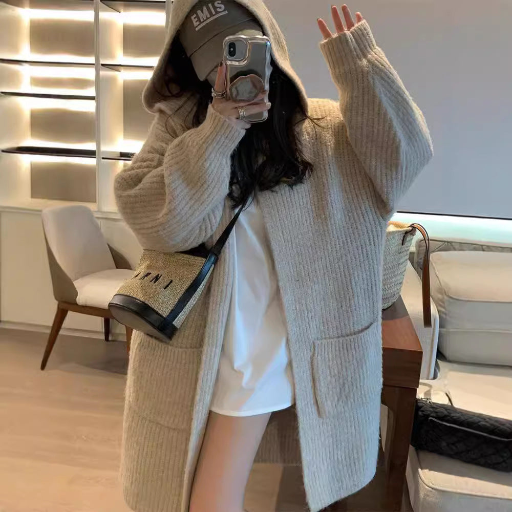 Damen Langer Strickcardigan mit tiefem V-Ausschnitt und Taschen R&B
