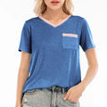 Damen V-Ausschnitt T-Shirt mit Brusttasche und kontrastierendem Kragen R&B