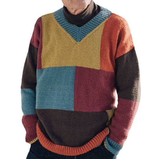 Herren gemusterter Pullover mit Farbblockdesign und modernem V-Ausschnitt R&B
