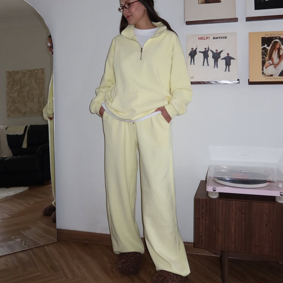 Damen gemütliches Fleece-Loungewear-Set mit hochgezogenem Kragen und lockerer Passform R&B