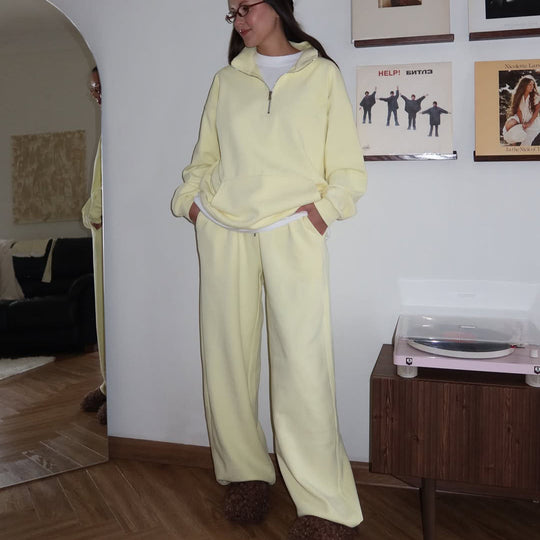 Damen gemütliches Fleece-Loungewear-Set mit hochgezogenem Kragen und lockerer Passform R&B
