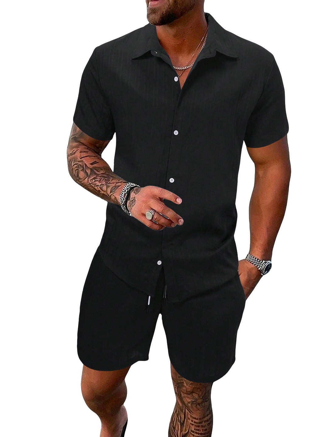 Herren nan luftiges Kurzarm-Hemd mit offenem Revers und passender Freizeishorts aus strukturierter Baumwollmischung R&B