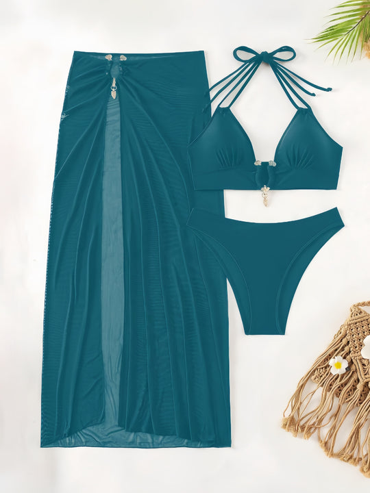 Damen Triangel-Bikini-Set mit eleganter Rock-Überwurf R&B