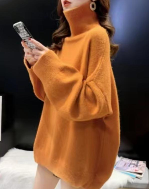 Damen Oversized Pullover mit hohem Kragen und Puffärmeln R&B