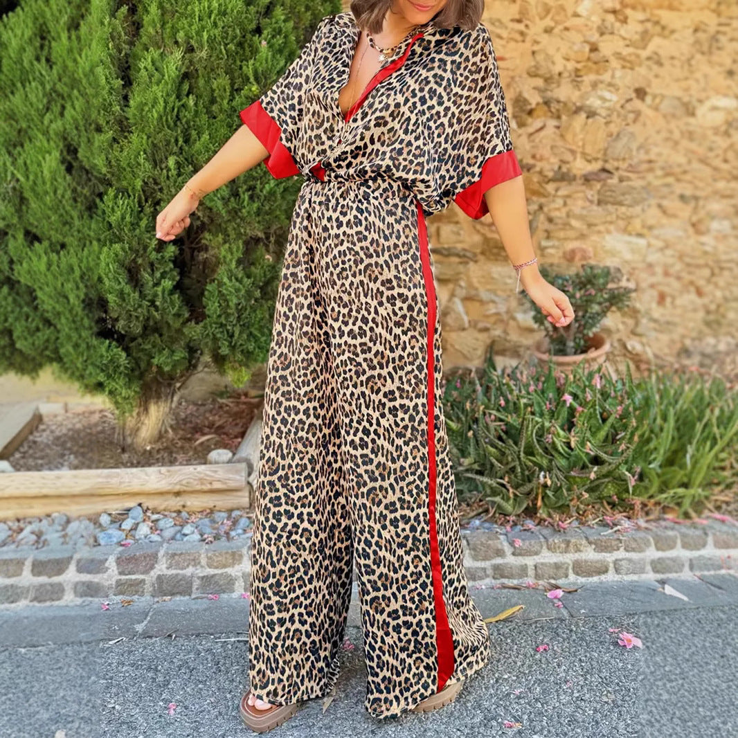 Damen Leinen-Jumpsuit mit Leopardenmuster und auffälligen Kontrasten R&B