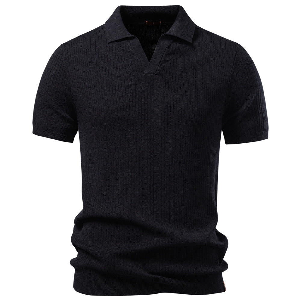 Herren nan fein geripptes Kurzarm-Poloshirt mit offenem Kentkragen R&B