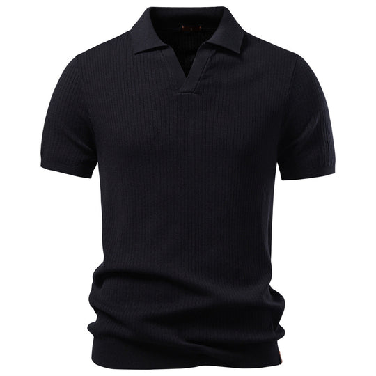 Herren nan fein geripptes Kurzarm-Poloshirt mit offenem Kentkragen R&B