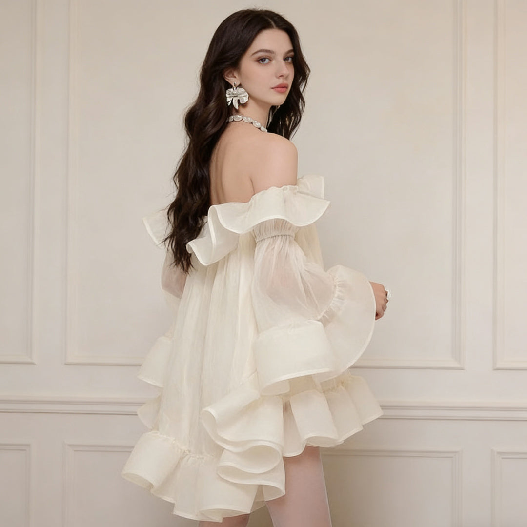 Damen Verspielt-romantisches Minikleid mit Volants und schulterfreiem Design R&B