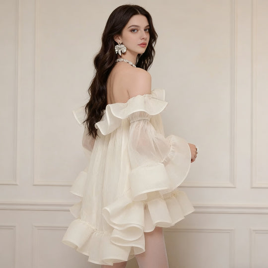 Damen Verspielt-romantisches Minikleid mit Volants und schulterfreiem Design R&B