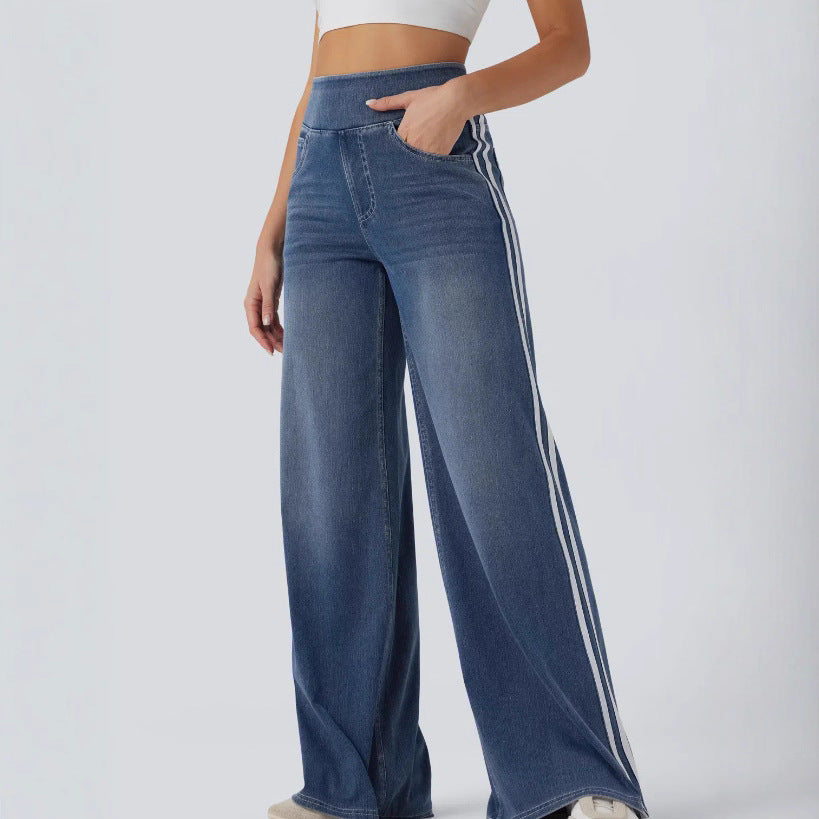 Damen weite Denim-Hose mit seitlichem Streifen und hohem Bund R&B