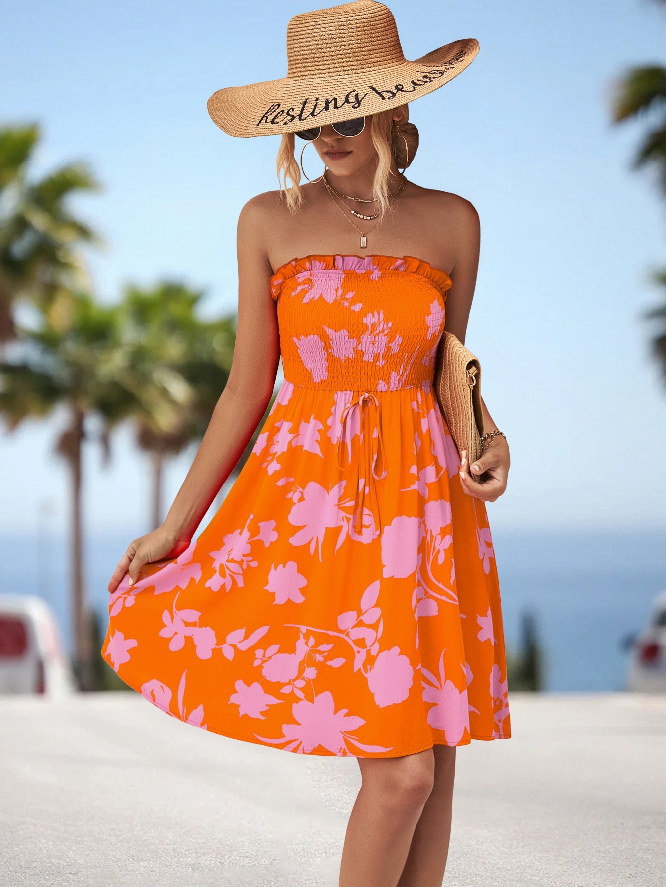 Damen luftiges Sommerkleid mit elastischem Taillenband und floralem Volant R&B