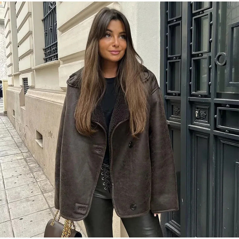 Damen Kunstlederjacke mit Teddyfutter R&B