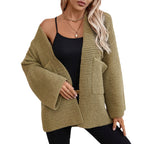 Damen luftige Strickjacke mit großen Taschen und offenen Ärmeln
