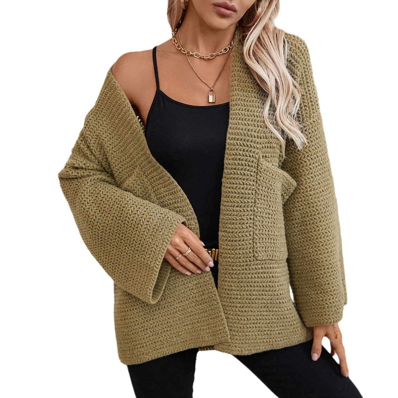 Damen luftige Strickjacke mit großen Taschen und offenen Ärmeln