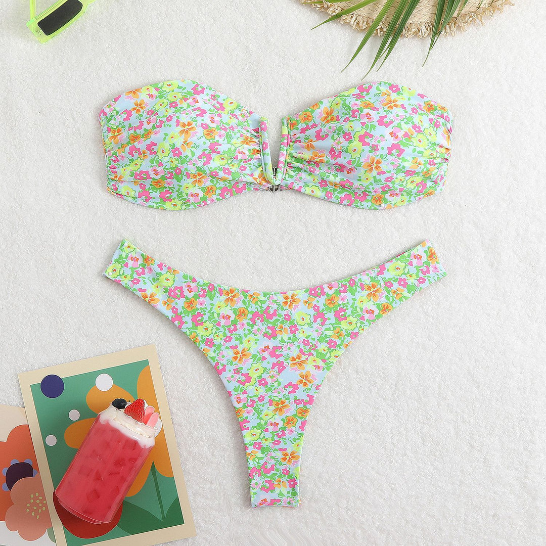 Damen Bandeau-Bikini mit floralem Design und elegantem Verschluss R&B
