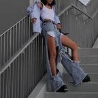 Damen stylisches geschnittenes Denim-Hosen-Set mit asymmetrischen Details R&B