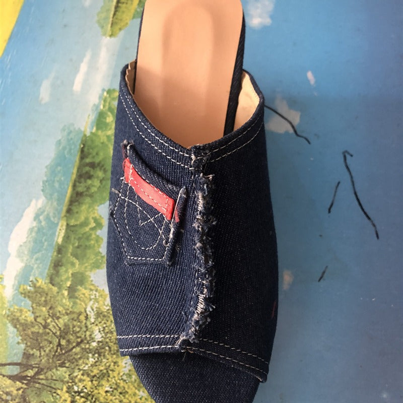 Damen Wedge-Pantoletten aus Denim mit modischem Fransen-Design R&B