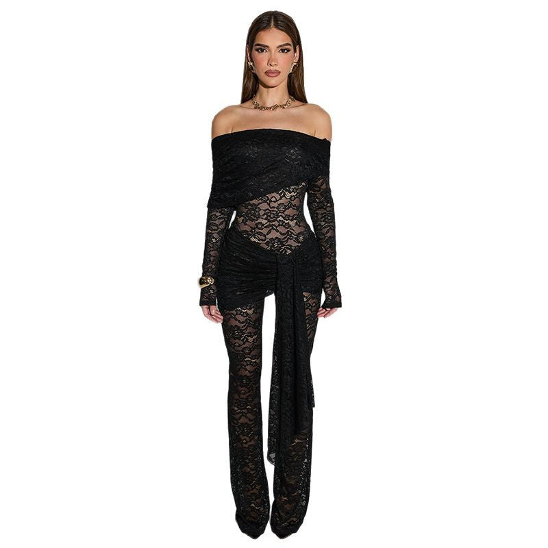 Damen Elegantes Spitzen-Jumpsuit mit schulterfreiem Design und Wickeleffekt R&B