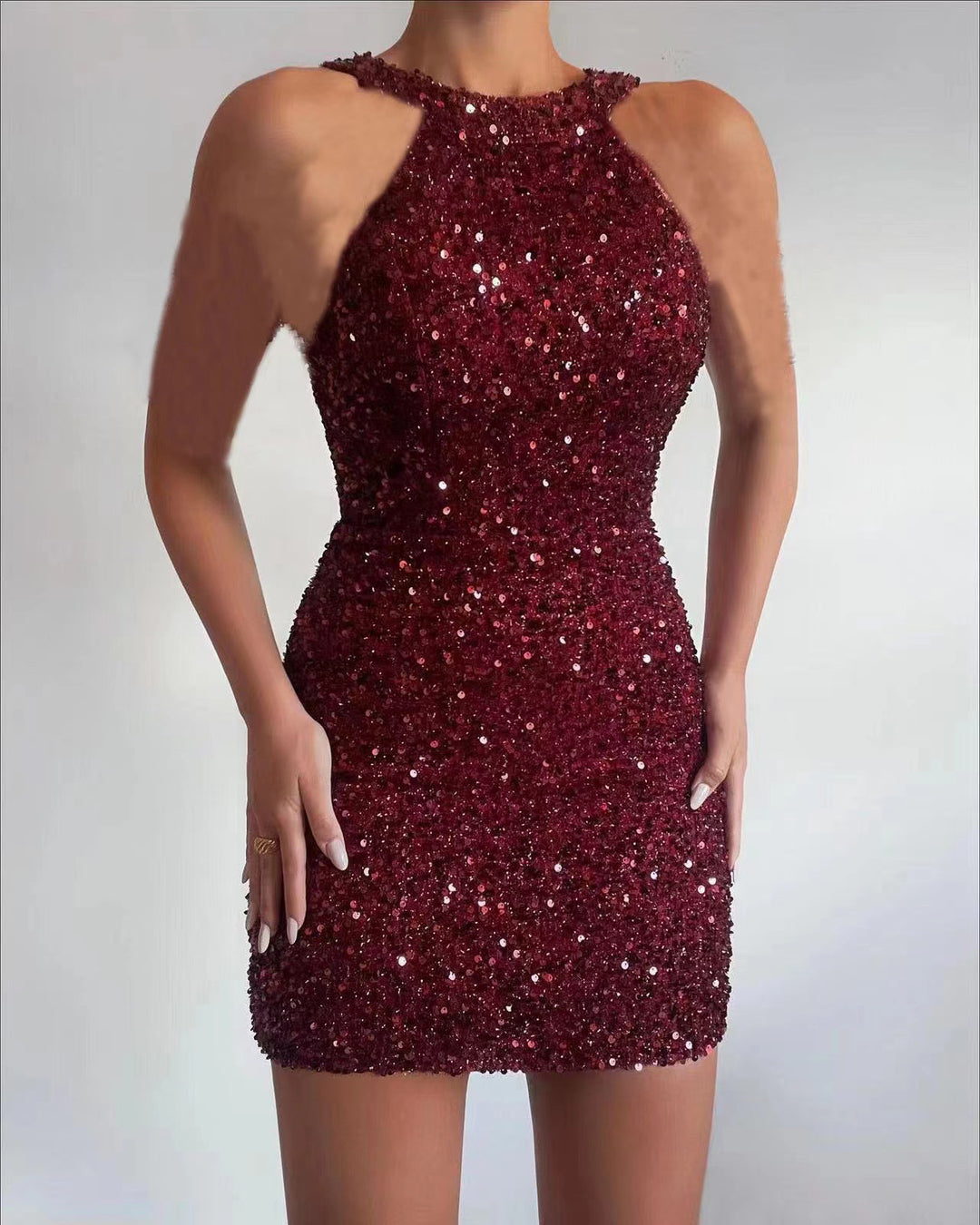 Damen Glitzerndes Minikleid mit halber Halsausschnitt und figurbetontem Schnitt R&B