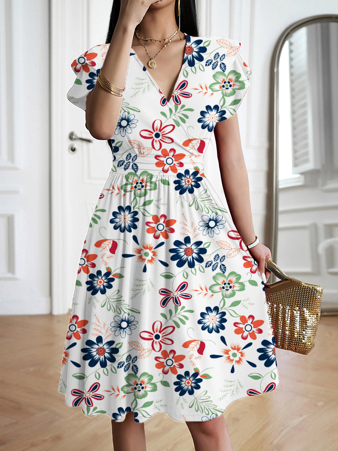 Damen Wickelkleid mit voluminösen Ärmeln und femininem V-Ausschnitt R&B
