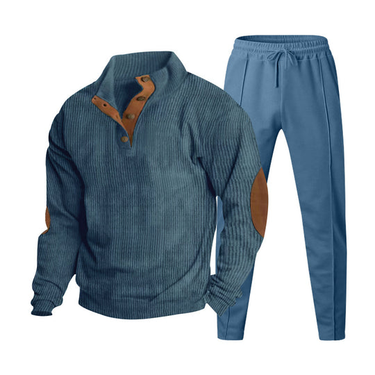Herren nan gerippter Henley-Freizeitanzug mit dekorativer Knopfleiste und Wildleder-Ellenbogenpatch konisch geschnittene Jogginghose R&B