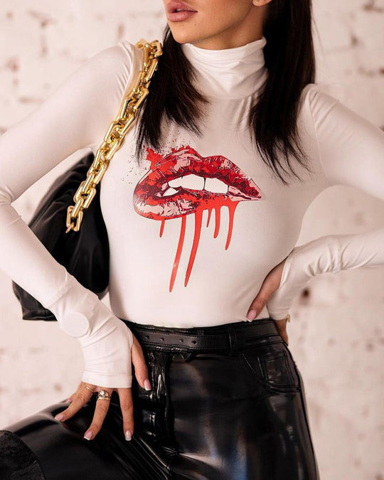 Damen Langärmliger Body mit kreativem Lippen-Motiv R&B