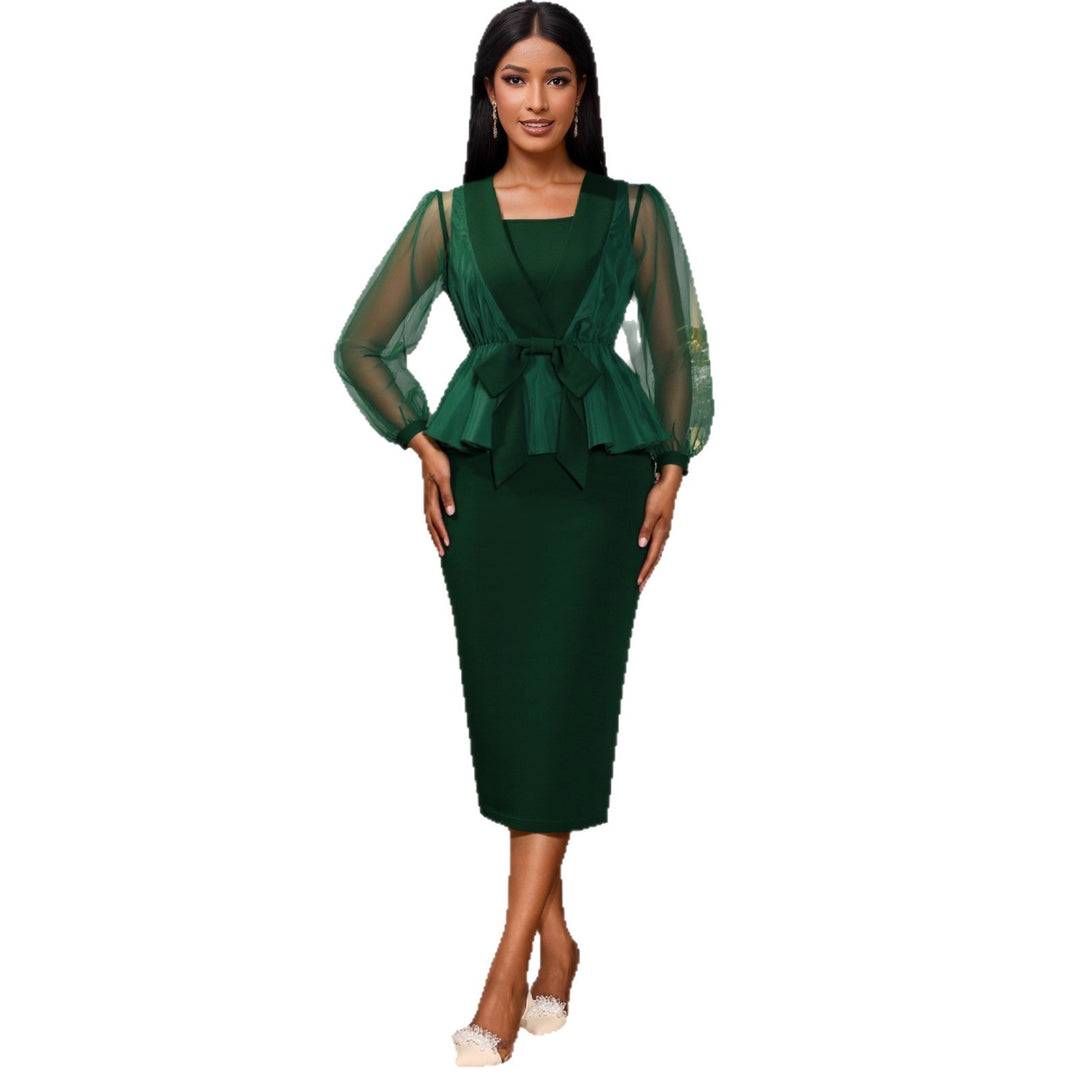 Damen elegantes Kleid mit transparentem Ärmel und tailliertem Gürtel R&B