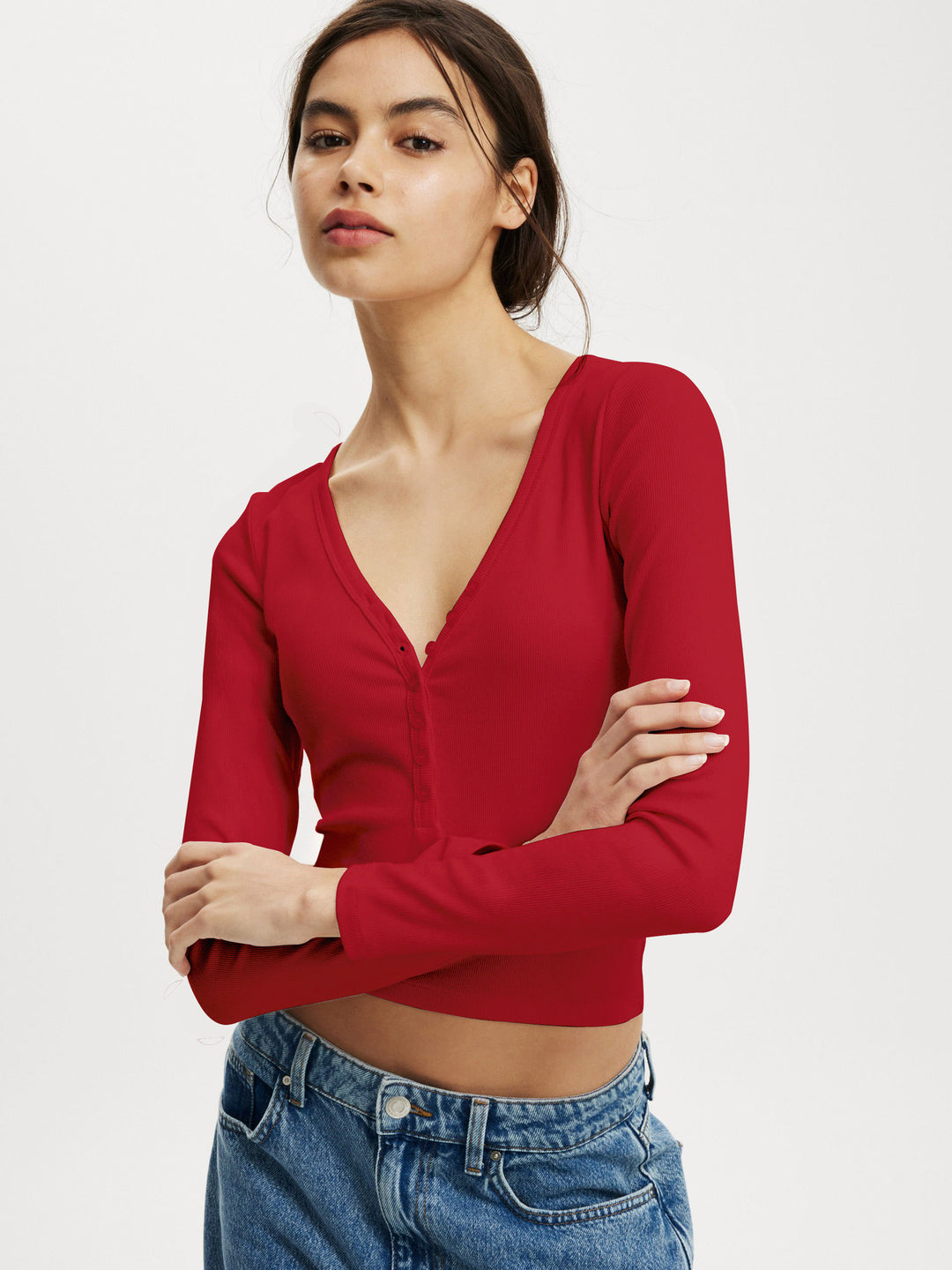 Damen Langarmshirt mit tiefem V-Ausschnitt und Knopfleiste R&B