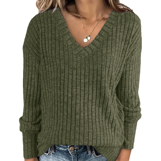 Damen V-Ausschnitt Pullover mit Rippstruktur R&B