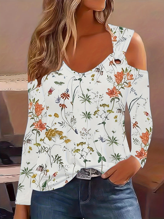 Damen Elegantes Langarmshirt mit kühlem Schulterdesign und floralem Druck R&B