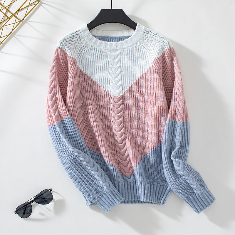 Damen modischer Strickpullover mit geometrischem Muster und Zopfrippen R&B