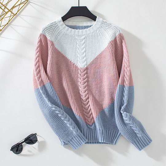 Damen modischer Strickpullover mit geometrischem Muster und Zopfrippen R&B